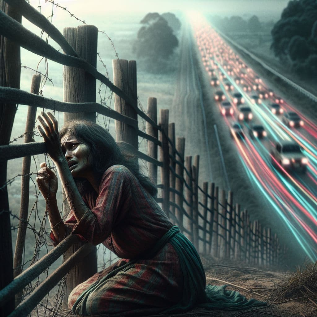 Digital art 4k scene from a movie: As she leaned against the wooden rail fence, a sense of desperation washed over her as she watched the passing cars, hoping for help that never came.