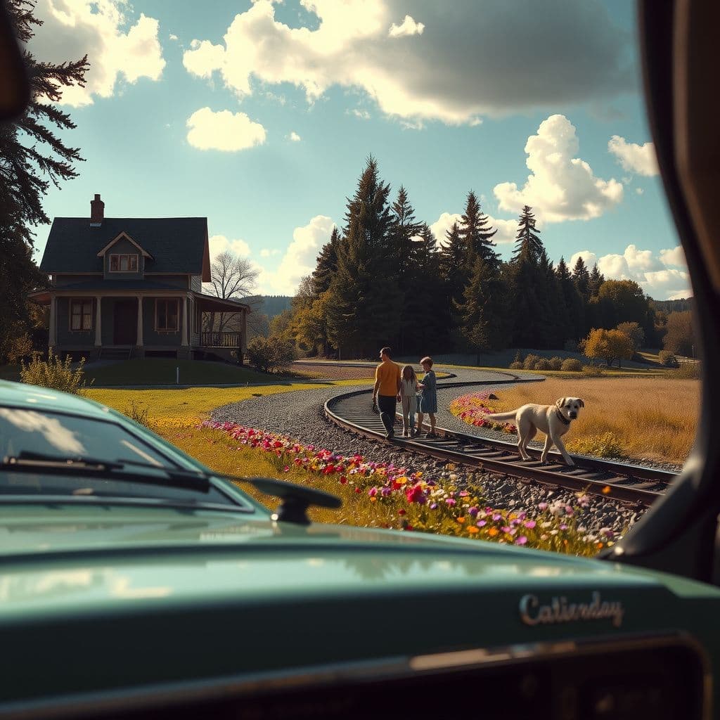Surreal dream scene, cinematic and atmospheric, digital art: A surreal scene of a green car with a distant windshield parked outside an empty school building styled like a cozy house, transitioning to a narrow, curvy train track path through a dense forest where a young boy and two friends cautiously step aside as a train approaches, leading to a bright open field filled with colorful flowers, tall grasses, a gentle stream, and a friendly lost dog under a peaceful sky.