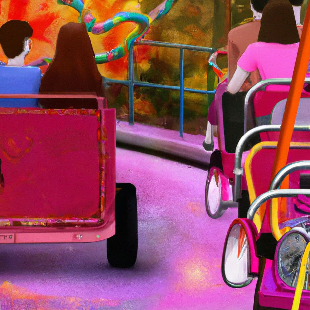 Digital art, Generate an image of a ride with shifting pedals taking students through different periods of time on a sunny campus event, followed by a cart ride with the Jonas Brothers, and ending with a boy vs girl talk-show host set-up revealing the insecurities of the protagonist's crush.