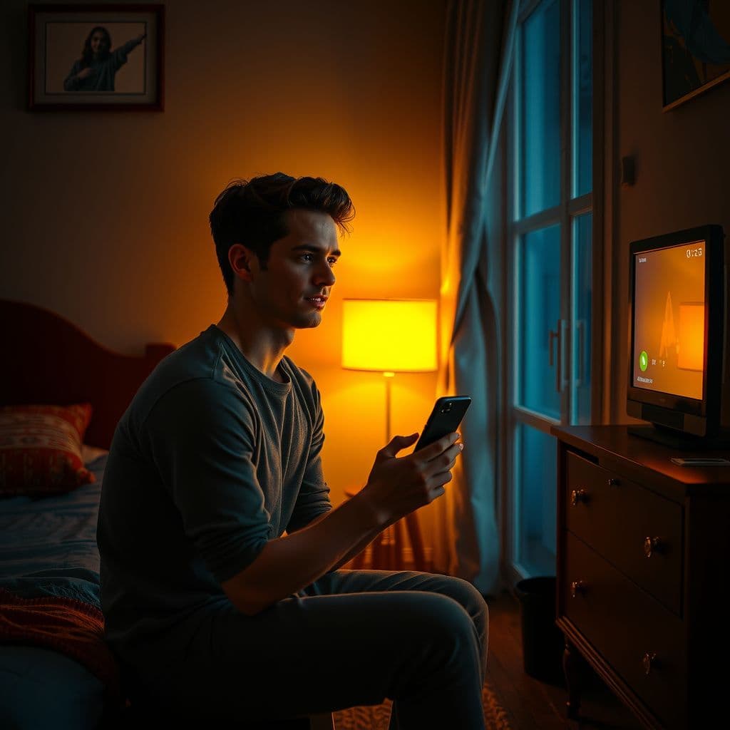 Surreal dream scene, cinematic and atmospheric, digital art: A hopeful young man sitting by his phone in a cozy room, looking at a glowing screen displaying a loved one's picture and hearing a familiar ringtone, with a soft, wistful expression as if he just dreamed of reconnecting with someone special.