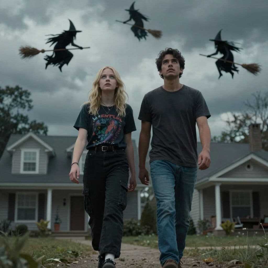 Surreal dream scene, cinematic and atmospheric, digital art: A slender 18-year-old blonde girl with bluish-green eyes, wolf cut hair to her shoulders, wearing black cargo pants and a dark Y2K shirt, walks alongside a taller Mexican boyfriend with dark brown hair and brown eyes in casual t-shirt and jeans, as they look up at mysterious blacked-out witches flying on brooms across a cloudy sky during their walk to his house.