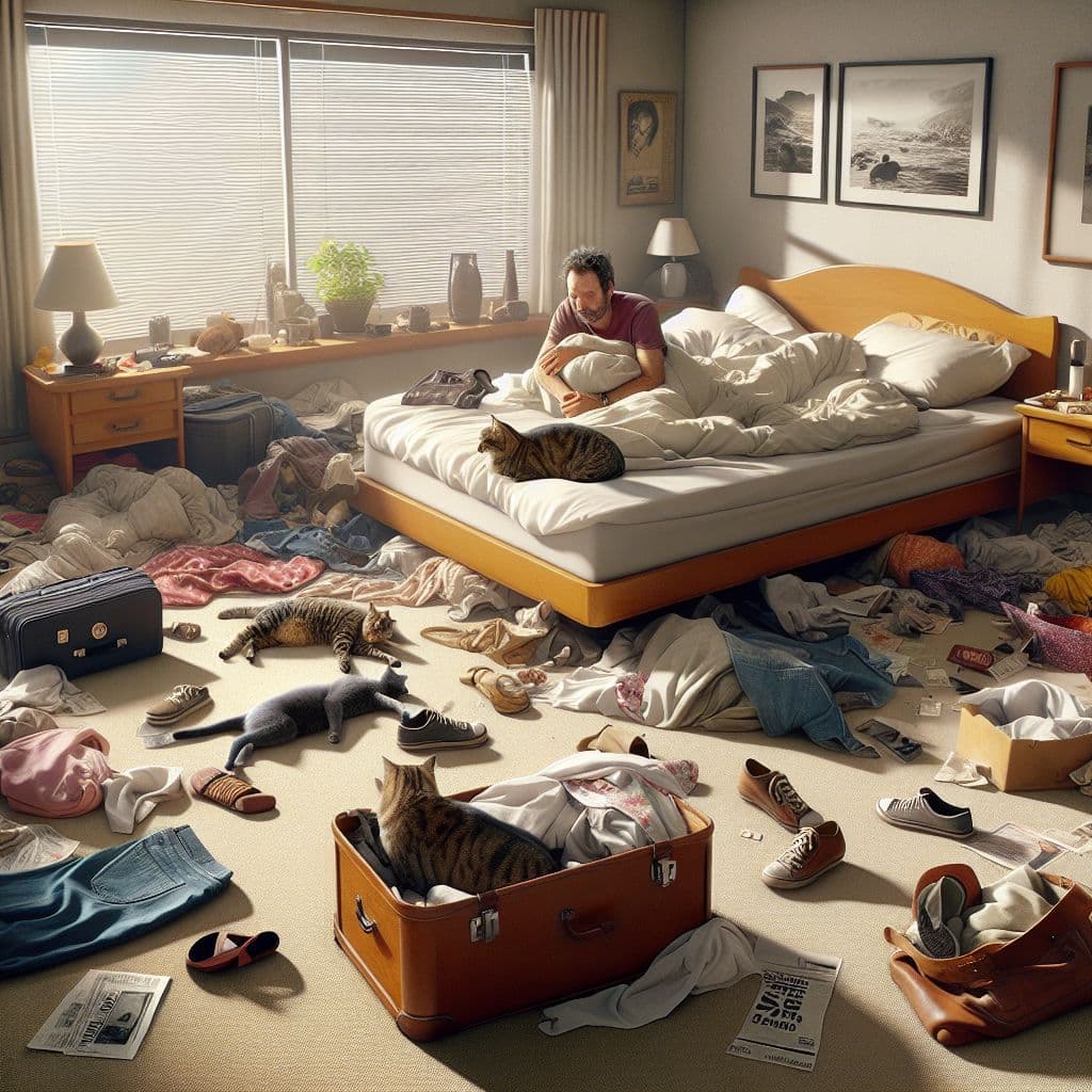Digital art 4k scene from a movie: He awoke in bed with his cat only to be invaded by Mark and his grown children, insisting on setting up bedding and claiming symmetry in having four ex wives and four children, leaving behind a trail of wreckage and sorrow.