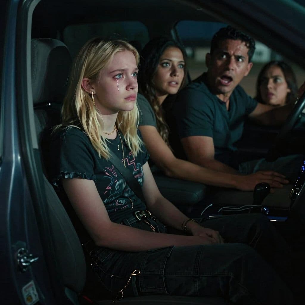 Surreal dream scene, cinematic and atmospheric, digital art: A blonde girl with bluish green eyes, wolf cut shoulder-length hair, wearing black cargo pants and a dark Y2K shirt, sits quietly in a car at night with her Mexican boyfriend and parents, looking out the window with tears in her eyes while her dad angrily yells and her mom tries to comfort her during a tense family moment.