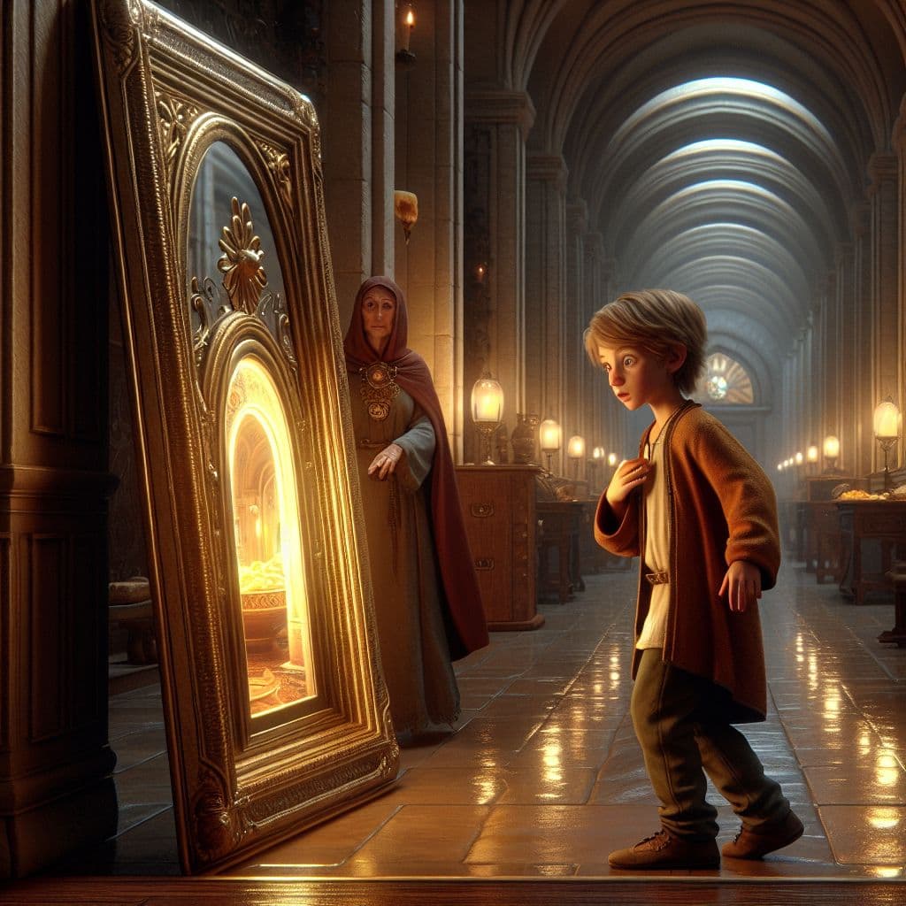 Digital art 4k scene from a movie: A child in a castle hallway discovers a flimsy mirror that becomes a portal to a world where a generous individual makes them mac and cheese.