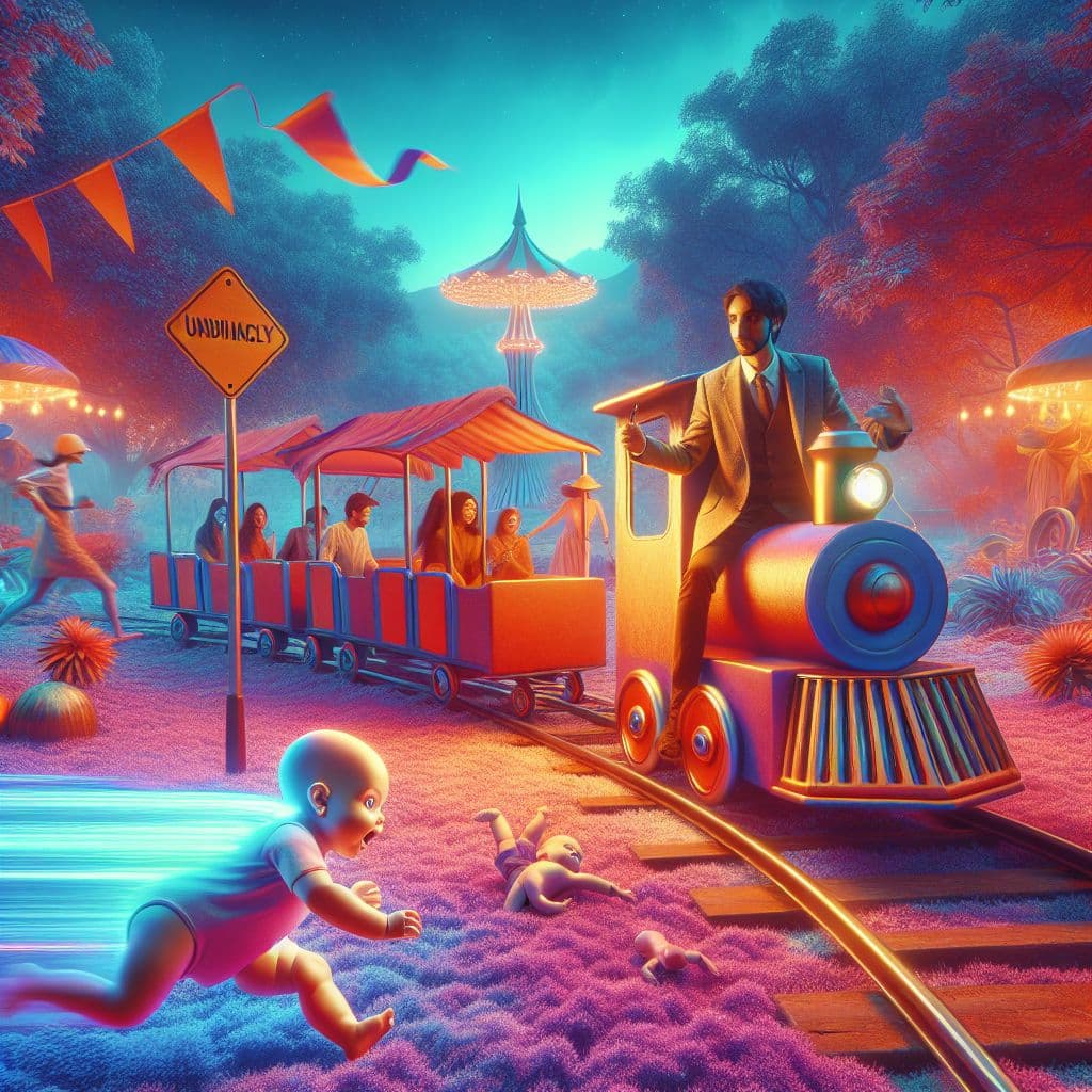 Surreal dream scene, cinematic and atmospheric, digital art: A person riding a homemade train is being playfully chased by a fast, glowing plastic baby in a whimsical, colorful park setting.