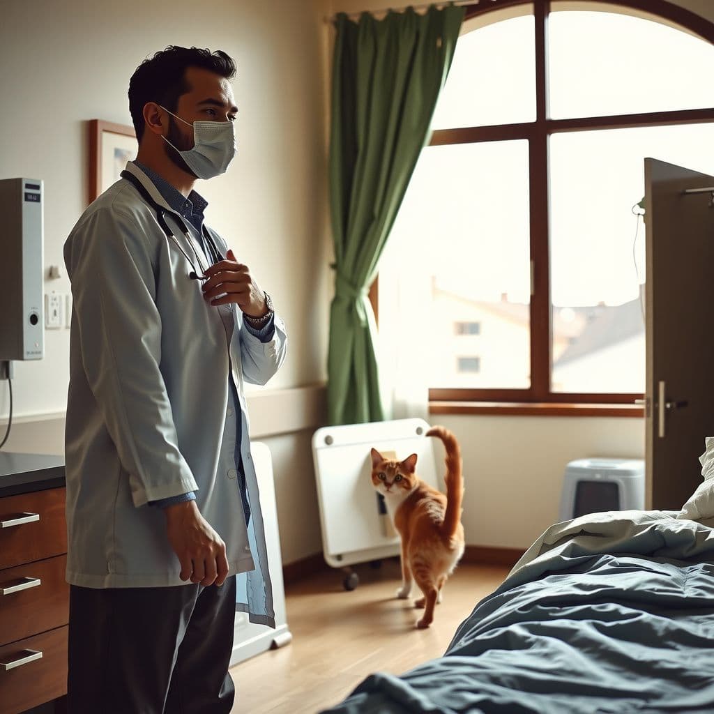 Surreal dream scene, cinematic and atmospheric, digital art: A compassionate man named Derrick wearing a doctor's mask stands kindly by a patient's hospital bed in a bright hospital room while a playful cat named Nellie explores the space near a closet litter box.