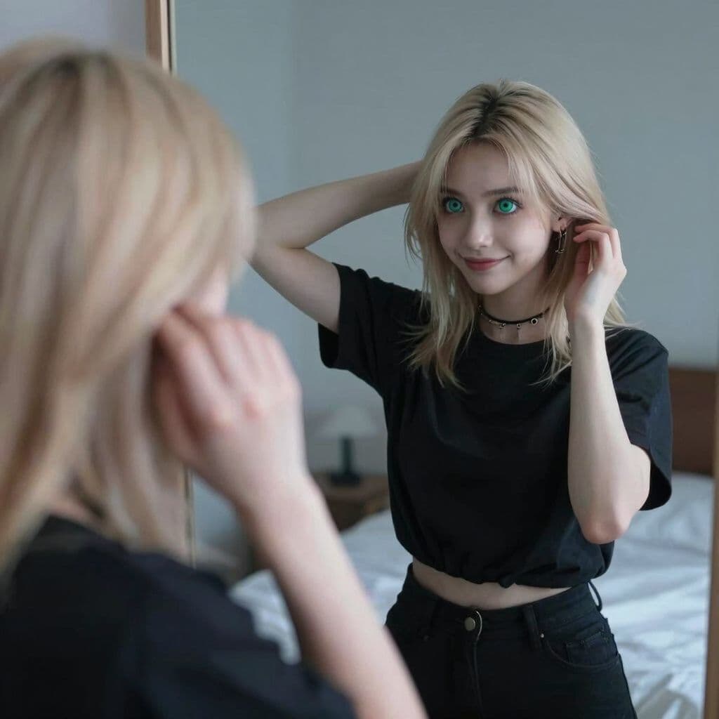 Surreal dream scene, cinematic and atmospheric, digital art: A girl with shoulder-length blonde wolf cut hair, bluish-green eyes with unusually large pupils covering most of her irises, wearing black Y2K-style shirt and black pants, smiling and fixing her hair while looking into a mirror in a softly lit room.