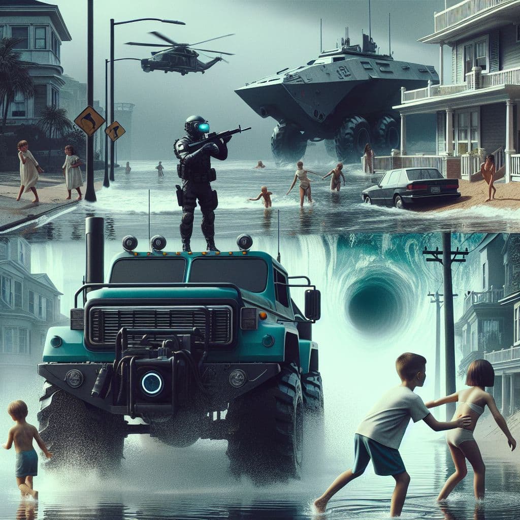 Surreal dream scene, cinematic and atmospheric, digital art: A leader of a seaside house on a Navy Yard base urgently warns children to run inside as rising sea levels begin to flood the street, while a cybertruck with a heavy windshield wiper and a darkened camera view sits nearby after a boy accidentally crashed it.