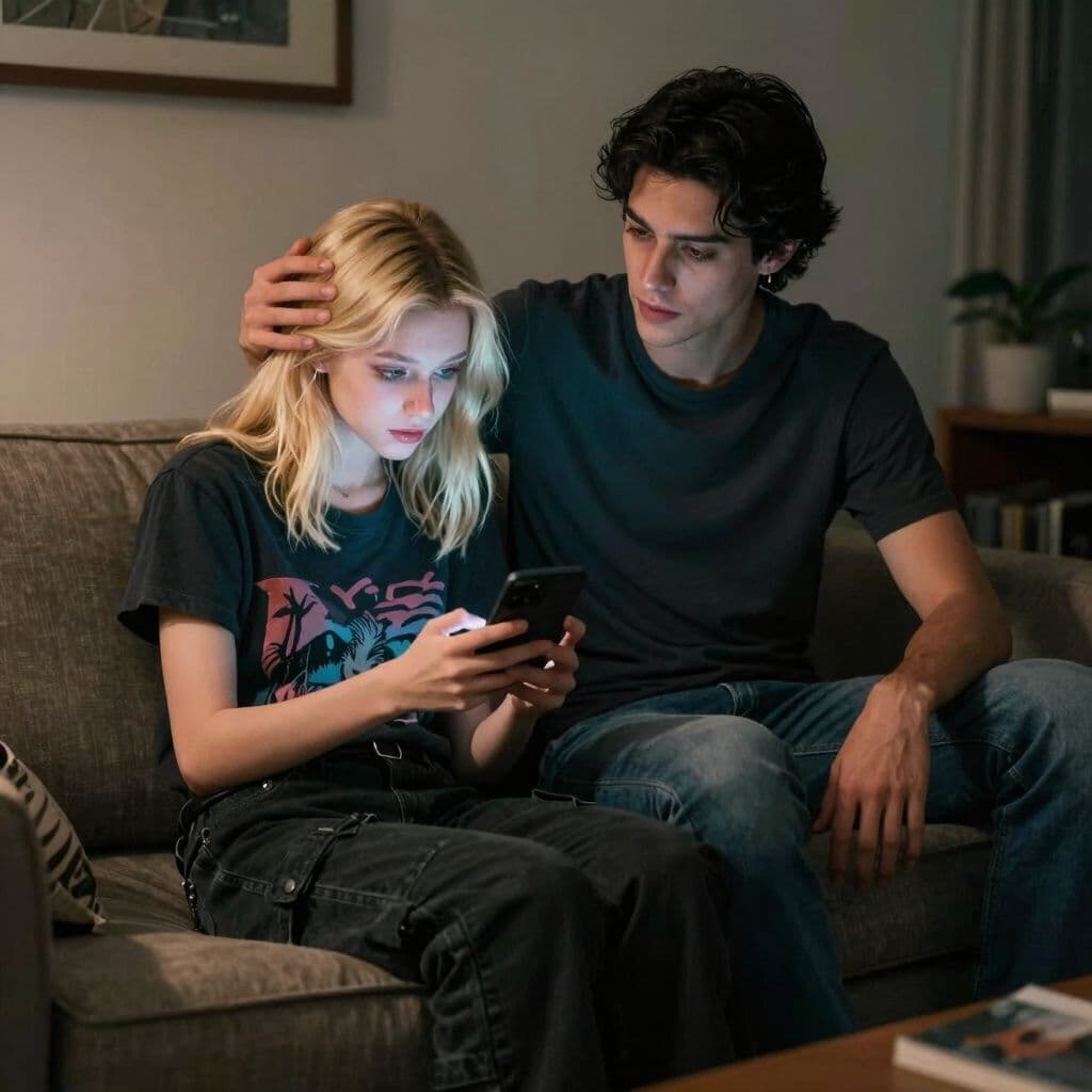 Surreal dream scene, cinematic and atmospheric, digital art: A slender 18-year-old girl with shoulder-length blonde wolf cut hair and bluish-green eyes, wearing black cargo pants and a dark Y2K shirt, sits on a couch next to a tall Mexican boy with dark brown hair and brown eyes in jeans and a T-shirt, as he gently strokes her hair while they look at photos on his phone in a cozy, dimly lit living room.