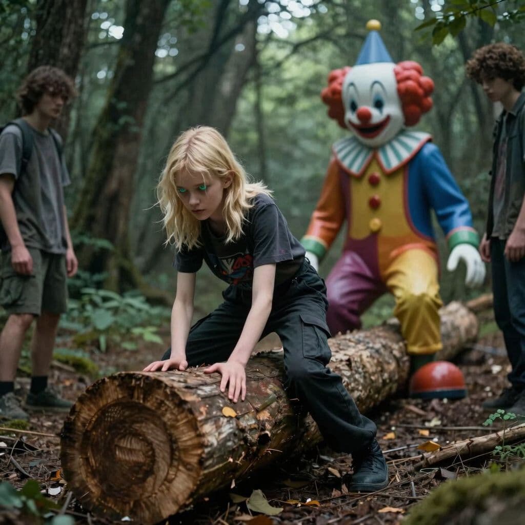Surreal dream scene, cinematic and atmospheric, digital art: A skinny girl with blonde wolf cut hair to her shoulders and bluish green eyes, wearing black cargo pants and a dark Y2K shirt, cautiously rolling a large hollow log in a mysterious wooded area while her parents observe nearby, with a large colorful clown figure inside the log that looks stationary and harmless.