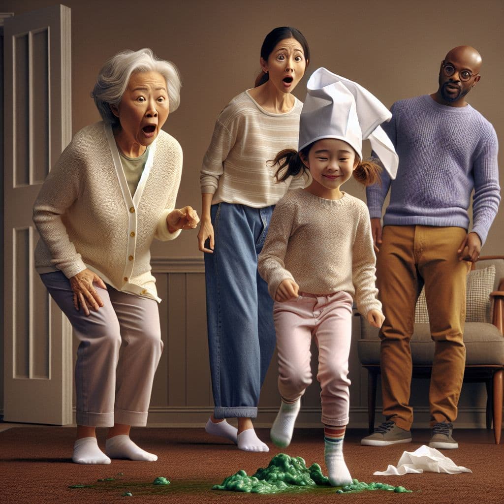 Digital art 4k scene from a movie: Ma and her siblings were startled to find Sadie with a laundry cap stuck on her head, running around with green cat vomit on the carpet, prompting Ma to nonchalantly mention there was only paper towels for cleanup as I came to the rescue and removed the cap.