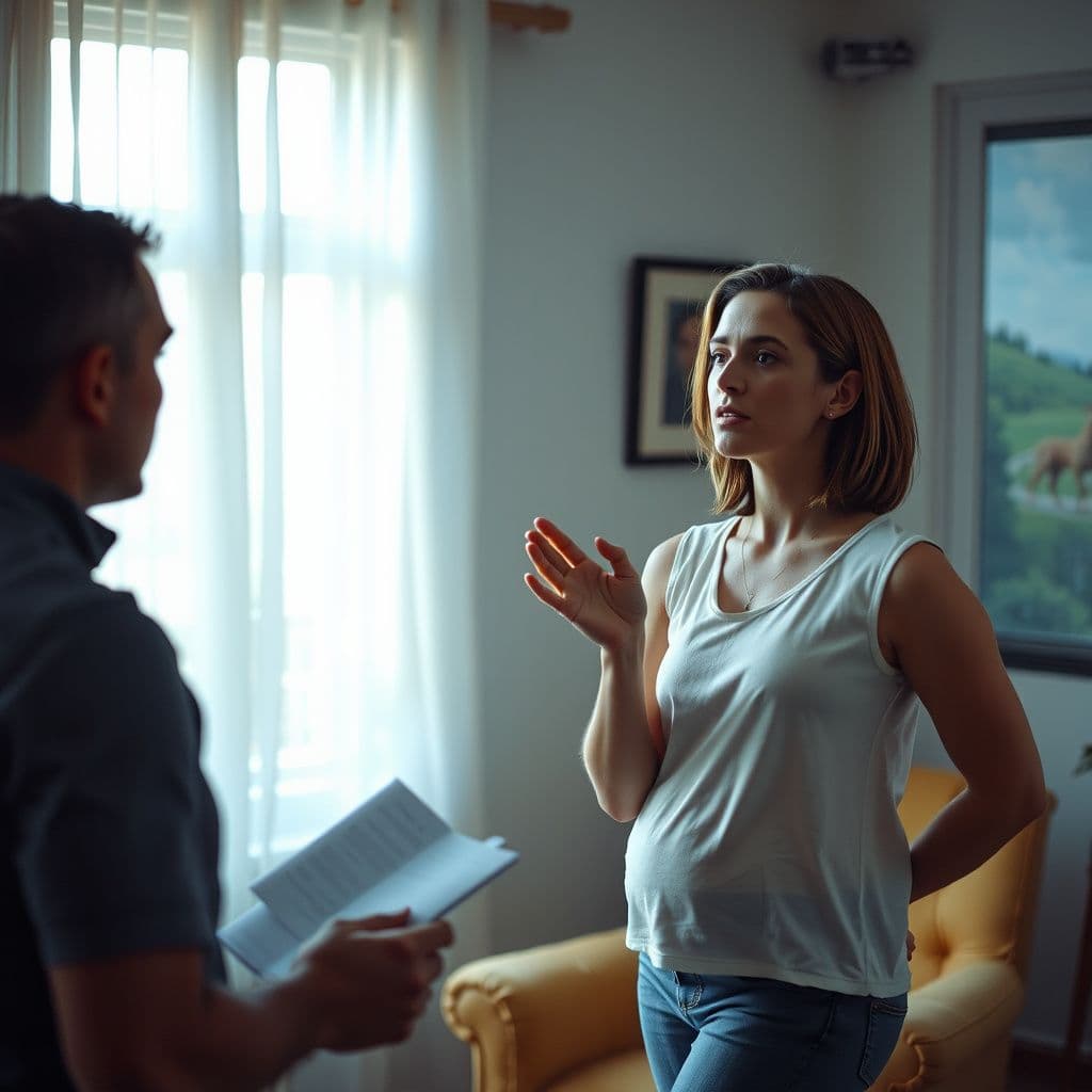 Surreal dream scene, cinematic and atmospheric, digital art: A woman stands nervously preparing to give a heartfelt presentation about healing and unexpected pregnancy, with a background suggesting a peaceful, supportive environment, while a man watches quietly, holding notes and processing the moment.