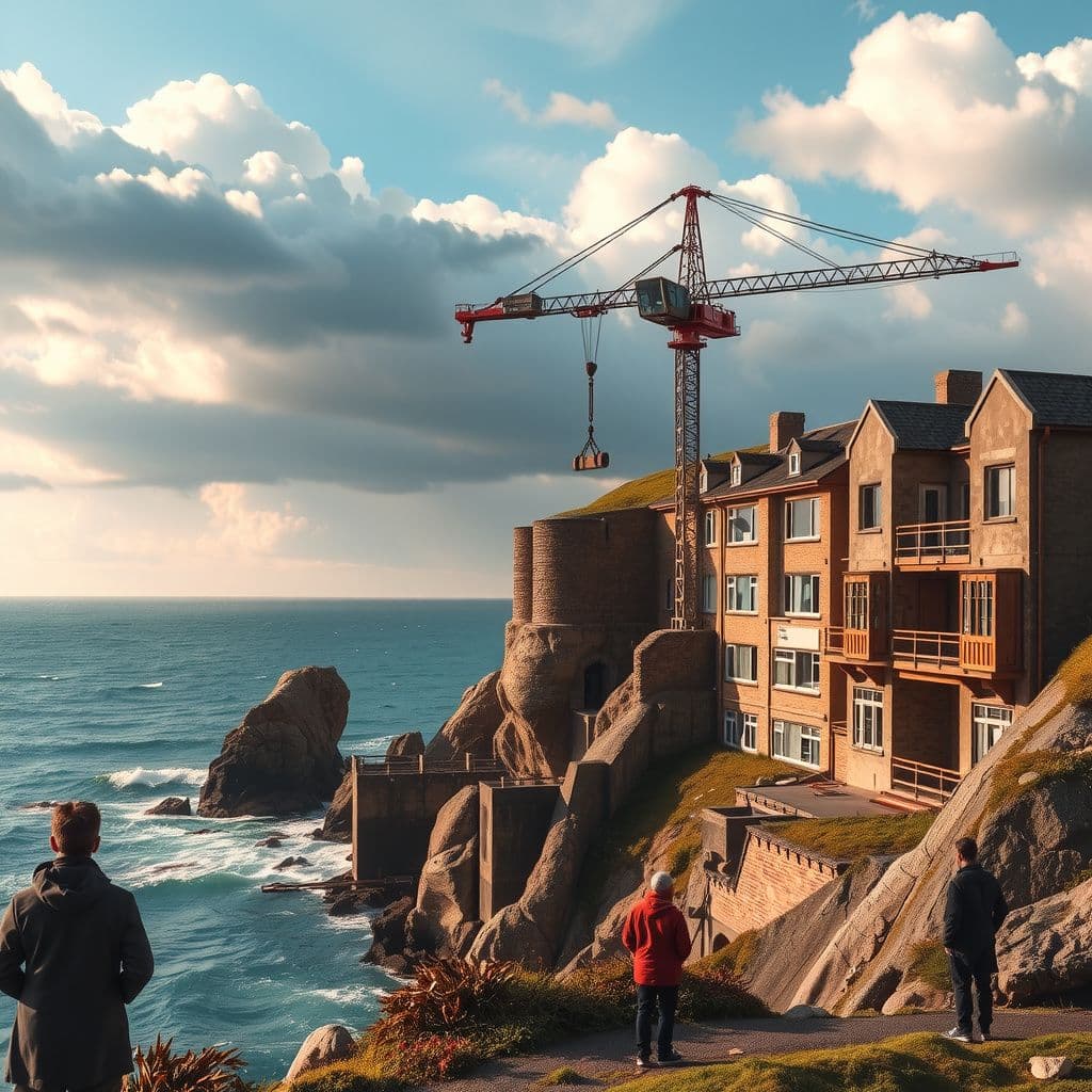 Surreal dream scene, cinematic and atmospheric, digital art: A detailed diorama of a cliffside ocean construction site featuring a large crane lifting heavy materials across platforms, surrounded by curious adults in a boarding school setting with a dramatic sky and rugged coastline.