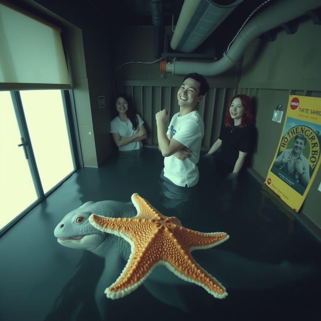Surreal dream scene, cinematic and atmospheric, digital art: A person standing waist-deep in dark water inside a small room, feeling a large friendly sea monster swimming around their legs, while two people laugh safely behind bars nearby, with a vibrant starfish stuck to the person's arm.