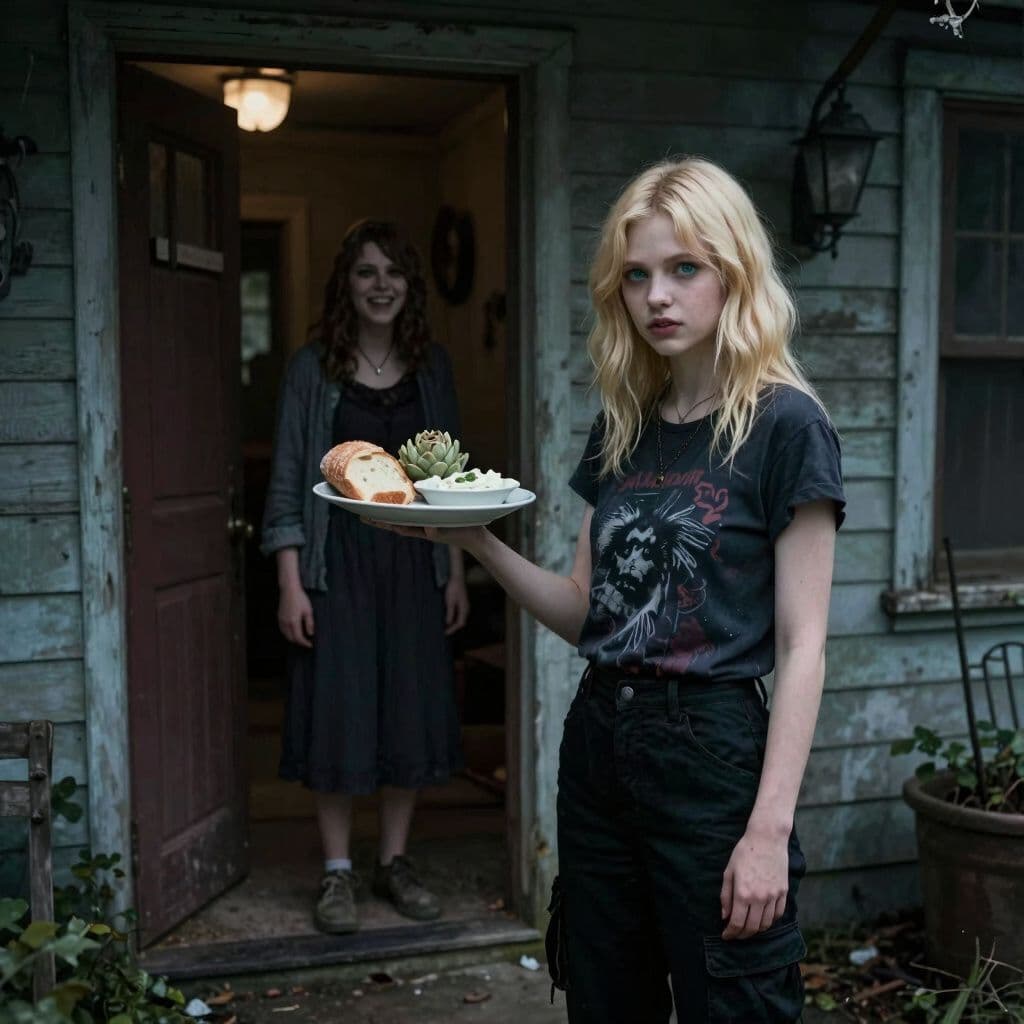 Surreal dream scene, cinematic and atmospheric, digital art: A blonde girl with bluish-green eyes and wolf cut hair to her shoulders, wearing black cargo pants and a dark Y2K shirt, and her cousin stand nervously at the back door of a creepy neighbor's old house, where a smiling woman offers three dishes of food, including soft bread and artichoke dip, before inviting them inside with an unsettling chuckle.