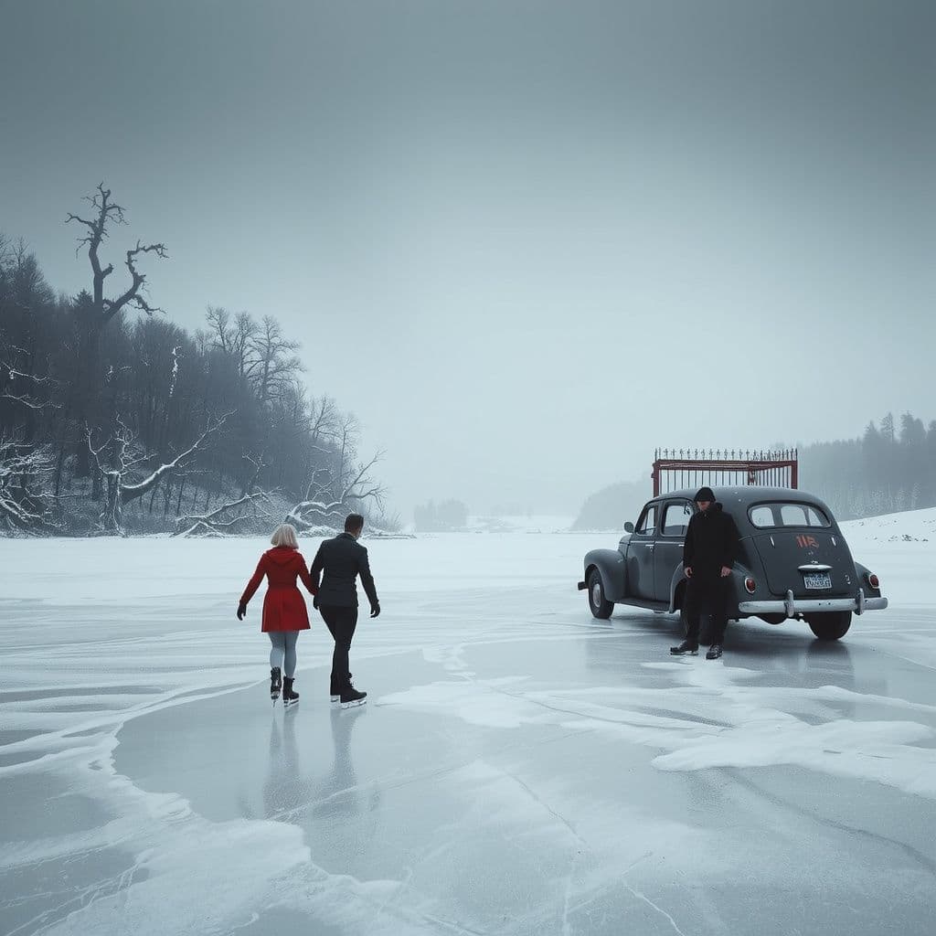 Surreal dream scene, cinematic and atmospheric, digital art: A surreal dream scene of two women ice skating on a frozen lake at dawn, surrounded by eerie, snow-covered skeletal trees, with a shadowy figure waiting by a rusty old car near a mysterious iron gate under a pale gray sky.