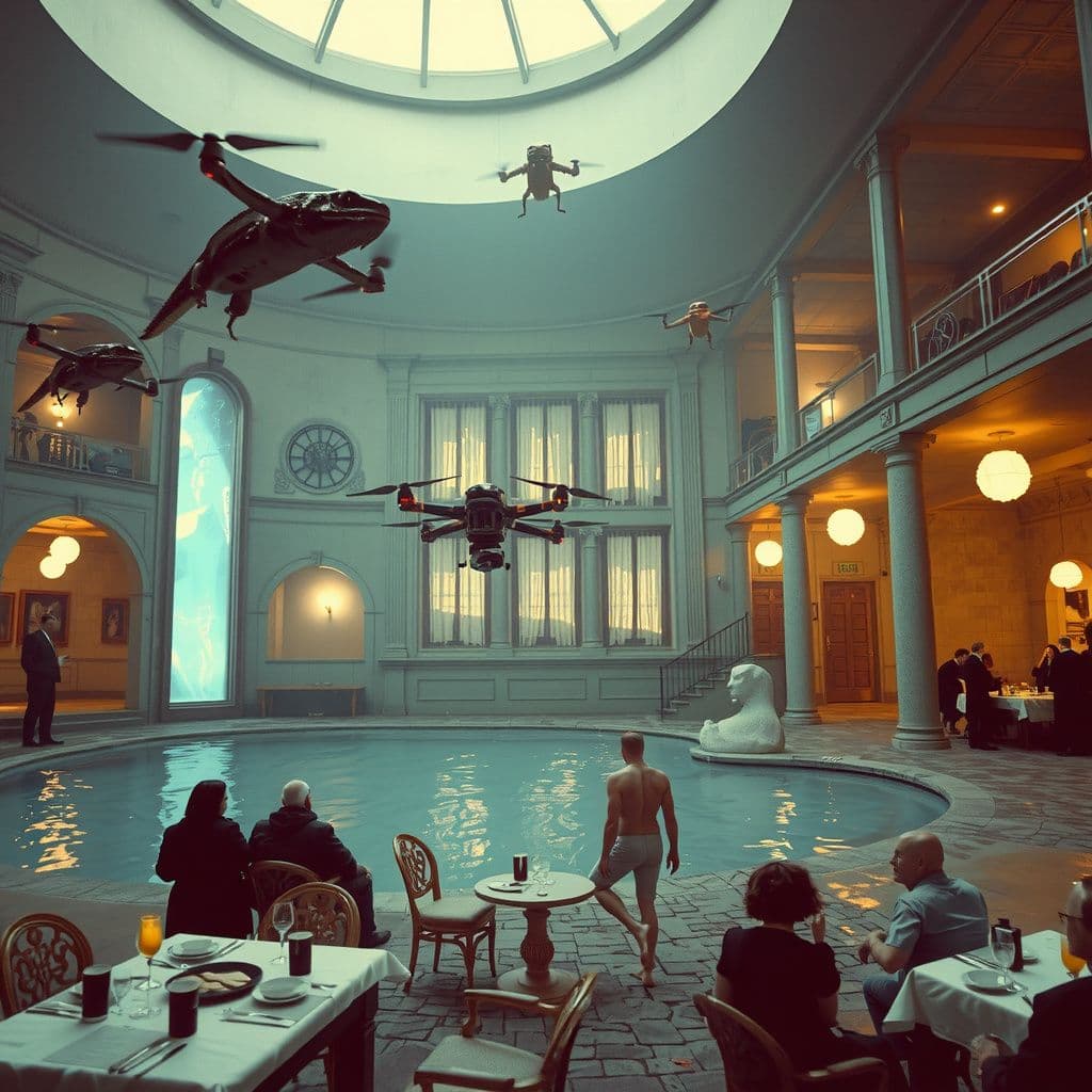 Surreal dream scene, cinematic and atmospheric, digital art: A surreal scene depicting reptilian drones flying over a futuristic pool area where a crowd watches as mysterious figures fall from the sky, while a sleek, perfect-looking bald man emerges from the water beneath bright lights in a large atrium, blending elements of sci-fi intrigue with eerie, outdated restaurant interiors and ancient stone artifacts scattered nearby.