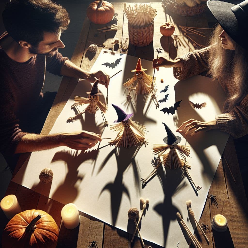 Digital art 4k scene from a movie: Inspired by the Halloween spirit, two friends spent the afternoon crafting whimsical witches out of straw and q-tips on a piece of paper.