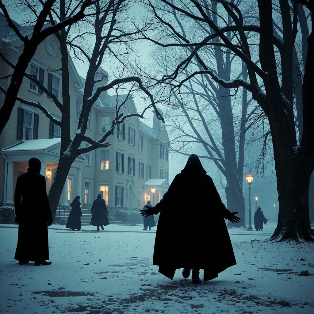 Surreal dream scene, cinematic and atmospheric, digital art: A dramatic scene on a snowy college campus where a tense, shadowy vampire conflict unfolds among a group of vampires plotting and battling for control, with eerie figures lurking in the dark woods and an atmosphere of distrust and supernatural power struggles.