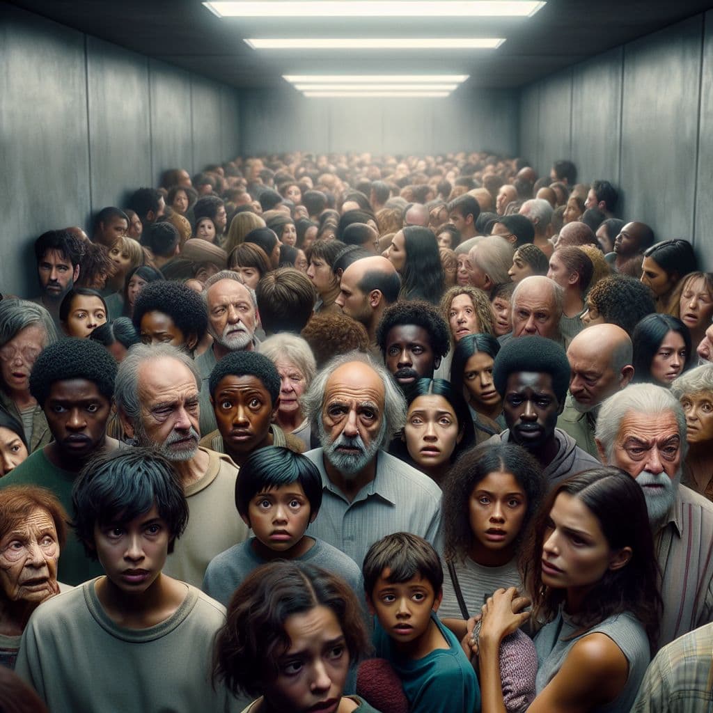 Digital art 4k scene from a movie: An overcrowded room with dozens of people standing shoulder to shoulder, appearing lost and confused in the cramped space.