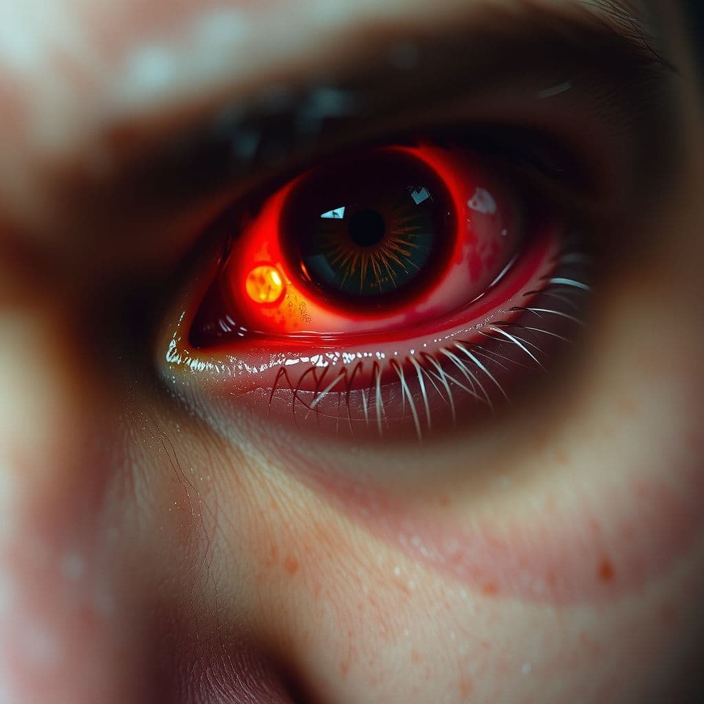 Surreal dream scene, cinematic and atmospheric, digital art: A close-up of a person's left eye that is swollen and red with a large painful bump underneath, showing signs of healing.
