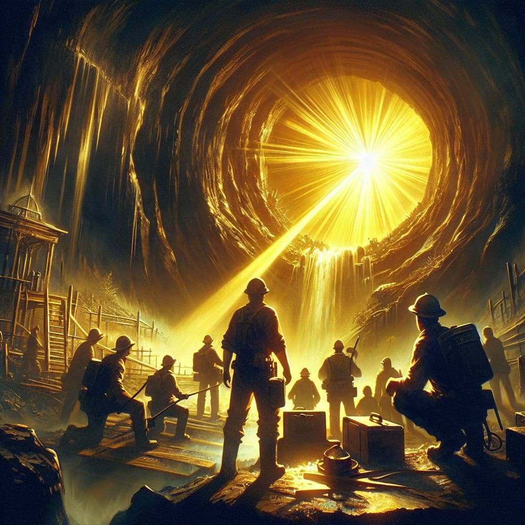 Digital art 4k scene from a movie: In a world where underground tunnels are being built by a group of determined individuals, they stumble upon a tunnel with glowing yellow light at the entrance, warning them to hurry and get out before it falls, leaving them to find a new place to dig, like the nearby graveyard.