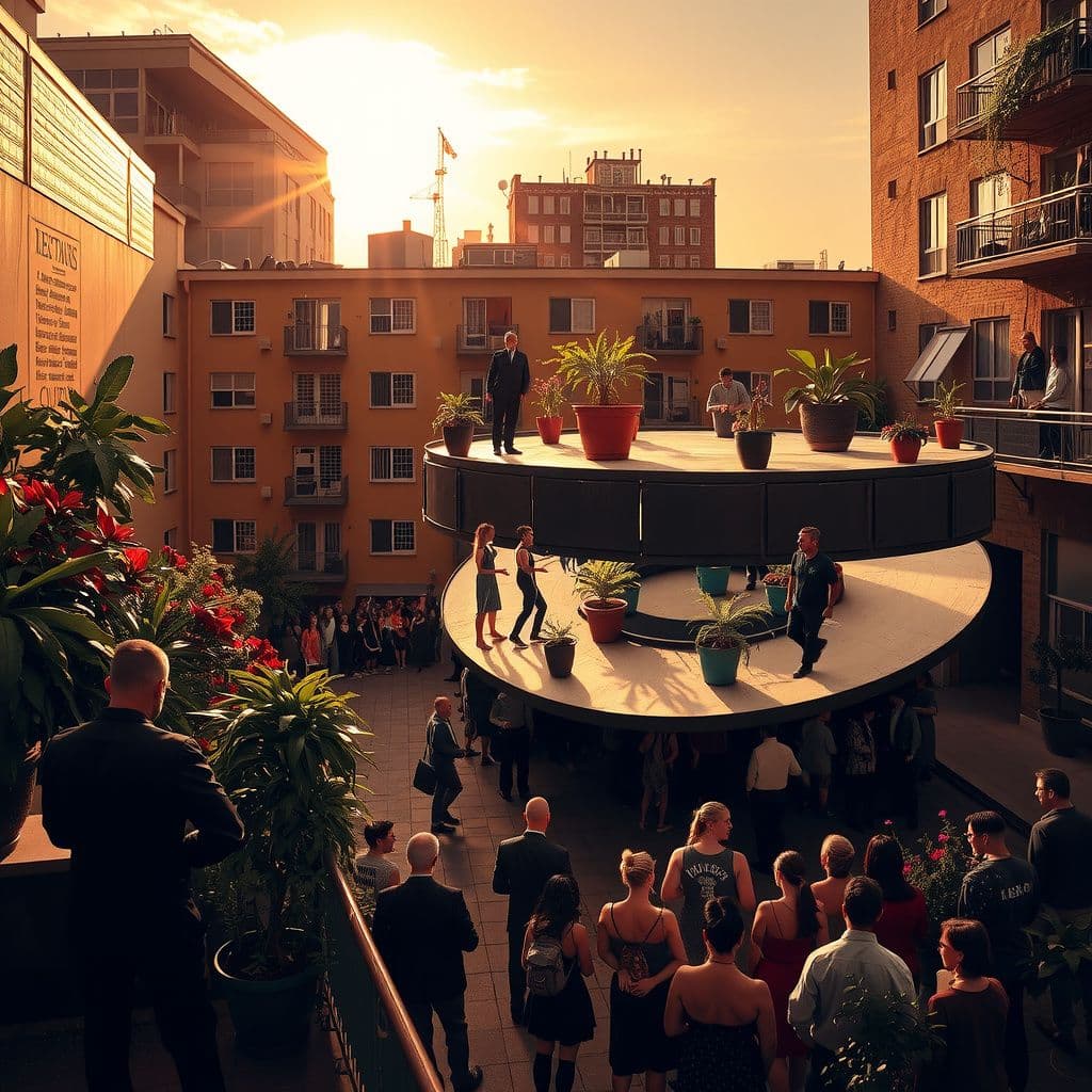 Surreal dream scene, cinematic and atmospheric, digital art: A vibrant scene in a tall apartment complex courtyard at sunset where famous people gather around a floating circular metal platform adorned with potted plants, engaging in a lively game of racing and plant dropping above an audience, while others on balconies participate in a communal plant swap beneath warm golden light.