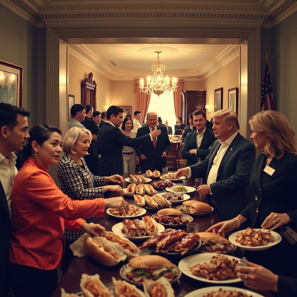 Surreal dream scene, cinematic and atmospheric, digital art: A lively family dinner hosted by Trump, where distant relatives celebrate an accomplishment, with guests mingling jovially in a bustling hallway and a crowded main room filled with friends eagerly reaching for platters of pita bread, sub sandwiches, and chicken bacon wraps.
