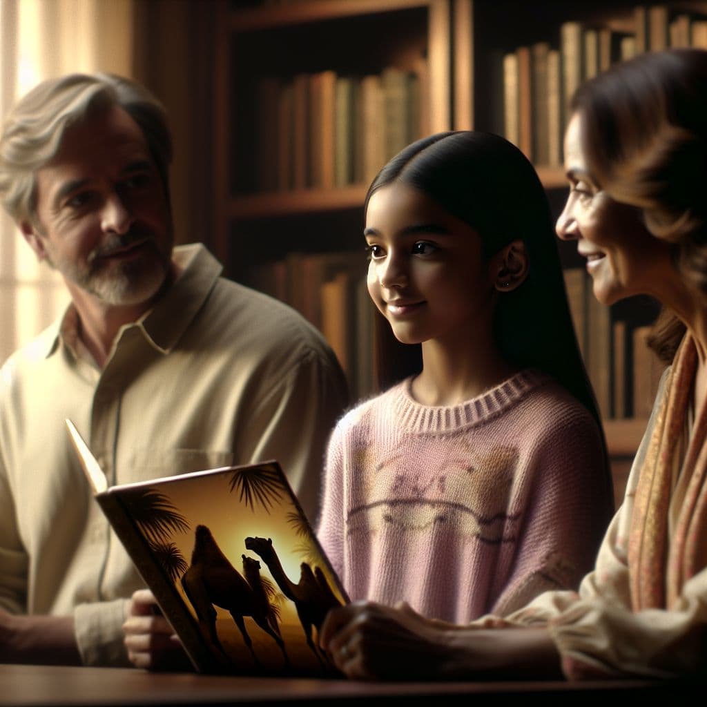 Digital art 4k scene from a movie: Generate an image of a child sitting in a room with a dark wood bookshelf, holding a book with camels on the cover while their parents stand nearby talking about where the book came from.
