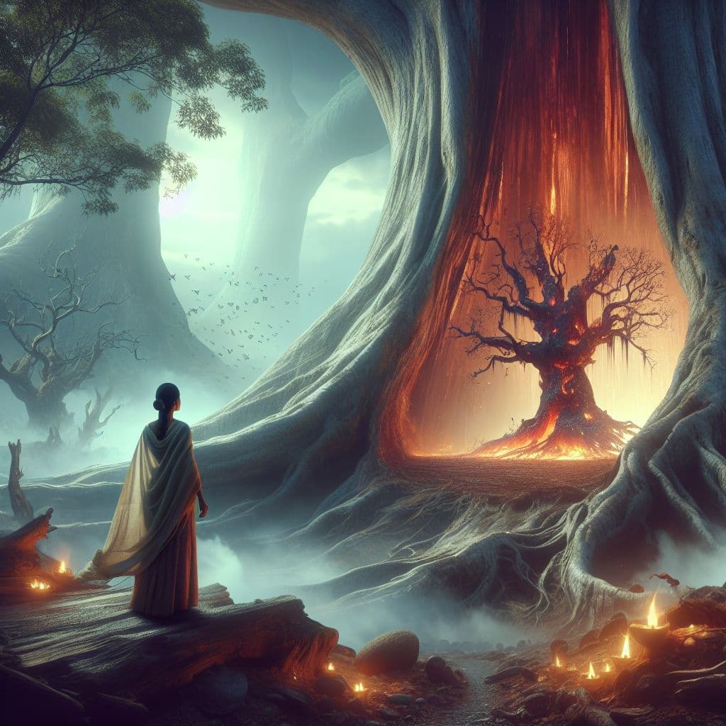 Digital art 4k scene from a movie: In a dream, a person stands in front of a towering tree, hollow inside and with a burnt but resilient smaller tree at its core, feeling a deep connection to the struggle of the small tree within.