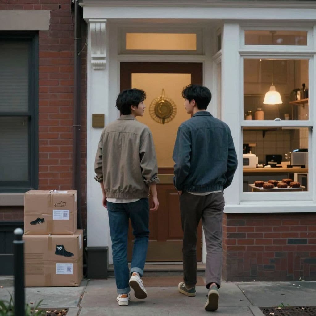 Surreal dream scene, cinematic and atmospheric, digital art: A quiet neighborhood scene on Shattuck Street showing two friends, Fu and Mark H, walking away from a doorstep, engaged in a hushed conversation under soft afternoon light, with subtle hints of a shoe shipment and a cozy kitchen background where brownies are being baked.