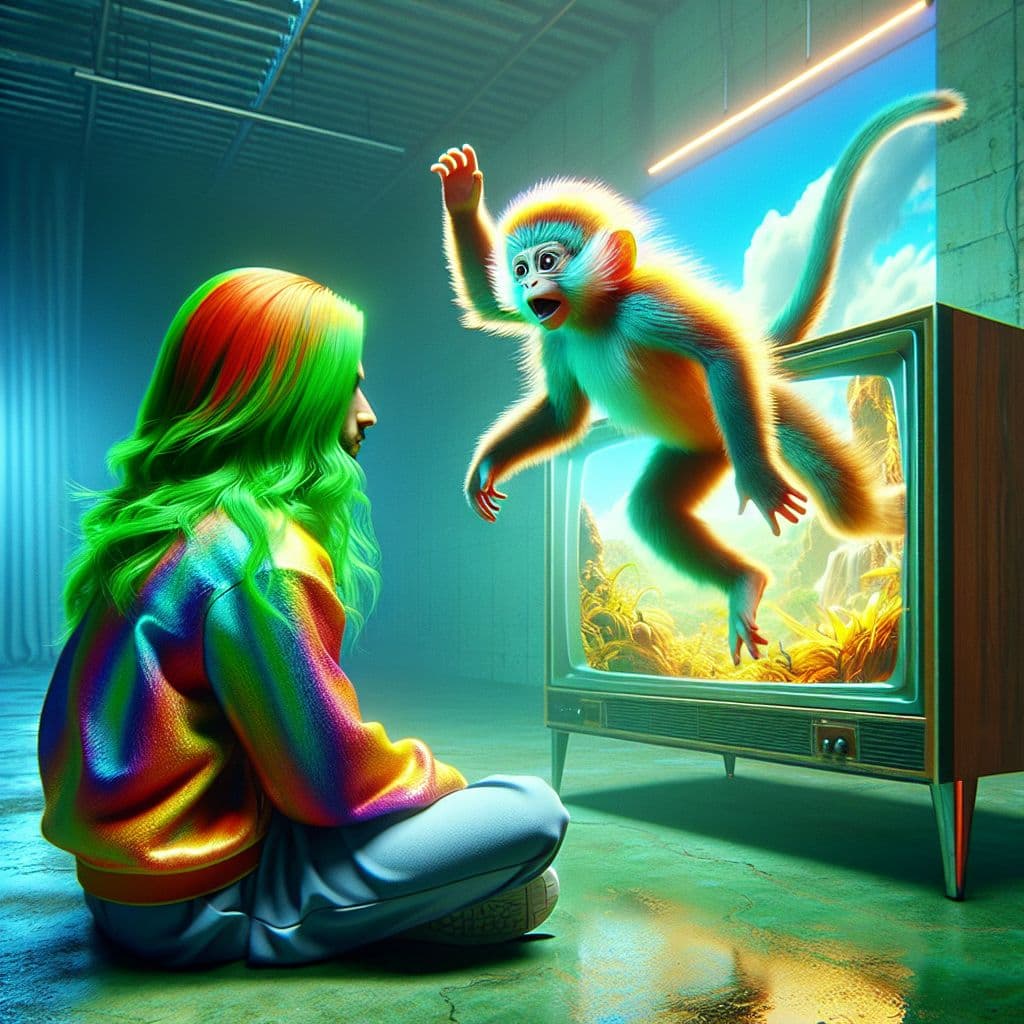 Digital art 4k scene from a movie: Generate an image of two characters with green hair and brown hair, one wearing green clothes and the other brown clothes, with the green-haired character watching a monkey come out of a TV and perform tricks in front of them.