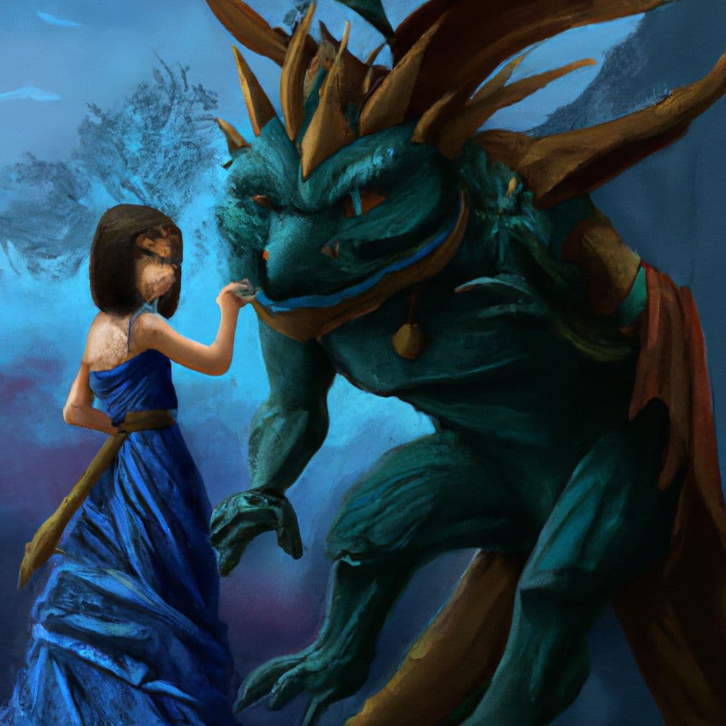 Digital art, A young girl standing before a kind-hearted dragon who assures her that she need not hide behind a mask as she becomes his trusted servant after being sold into slavery.