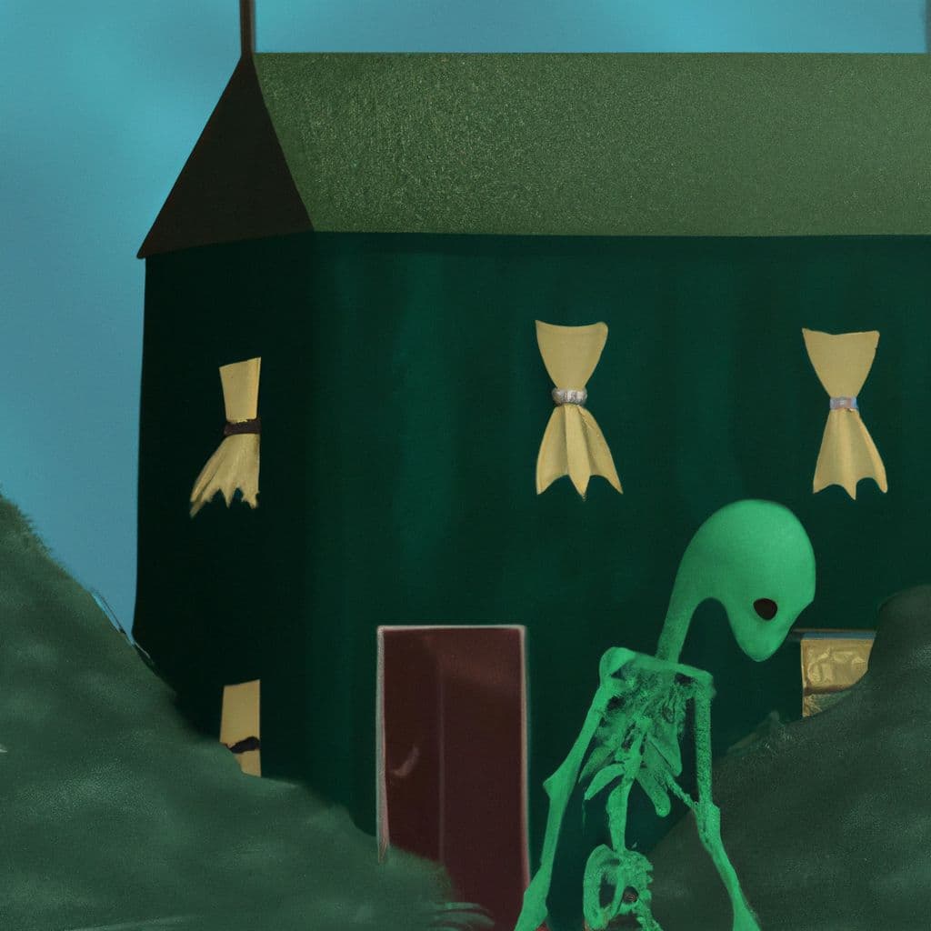 Digital art, In their dream, a boney monster lurked outside their house, triggering a wave of fear and foreboding within the family as they sought safety and faced the impending threat of an imminent mass extinction.