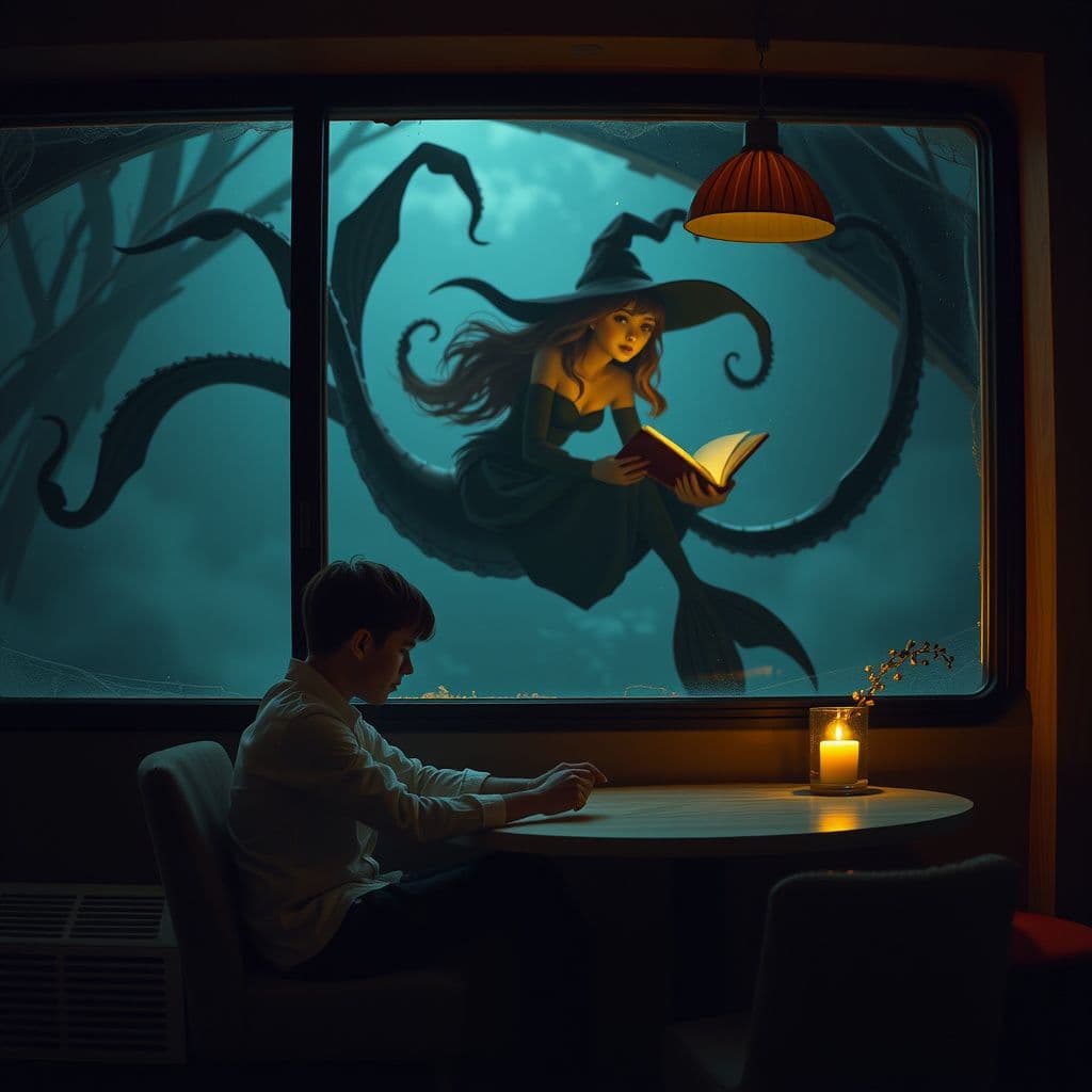 Surreal dream scene, cinematic and atmospheric, digital art: A melancholic and surreal scene depicting a young man sitting alone in a softly lit restaurant, reflecting on a complicated polyamorous breakup, while in the background a whimsical and eerie retelling of The Little Mermaid unfolds, featuring a young, beautiful witch with tentacles reading a book, blending emotional human drama with fantasy elements.
