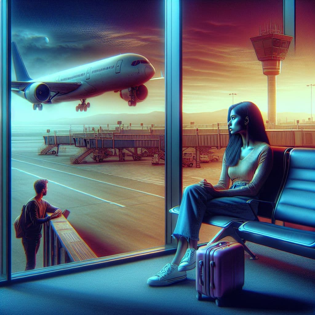 Digital art 4k scene from a movie: Generate an image of a woman sitting alone in an airport terminal, looking out the window with a mix of longing and disappointment as her ex stands nearby, preparing to board a plane for England, leaving her behind once again.