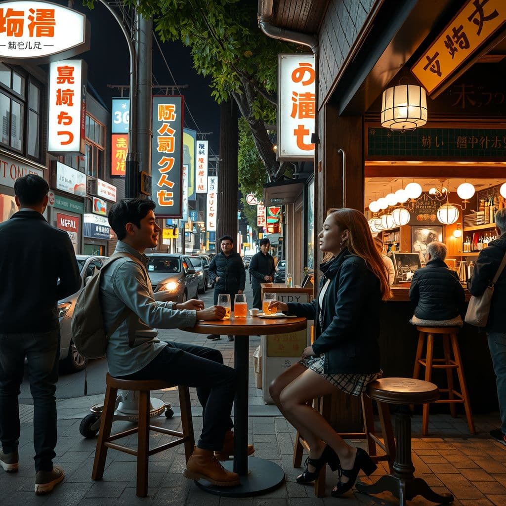 Surreal dream scene, cinematic and atmospheric, digital art: A heartfelt scene of two travelers meeting unexpectedly in a bustling Japanese city, sharing a warm meal at a cozy bar surrounded by diverse, friendly people, with a backdrop of vibrant urban streets and lush greenery, capturing the joy of connection and the beginning of a lasting relationship.