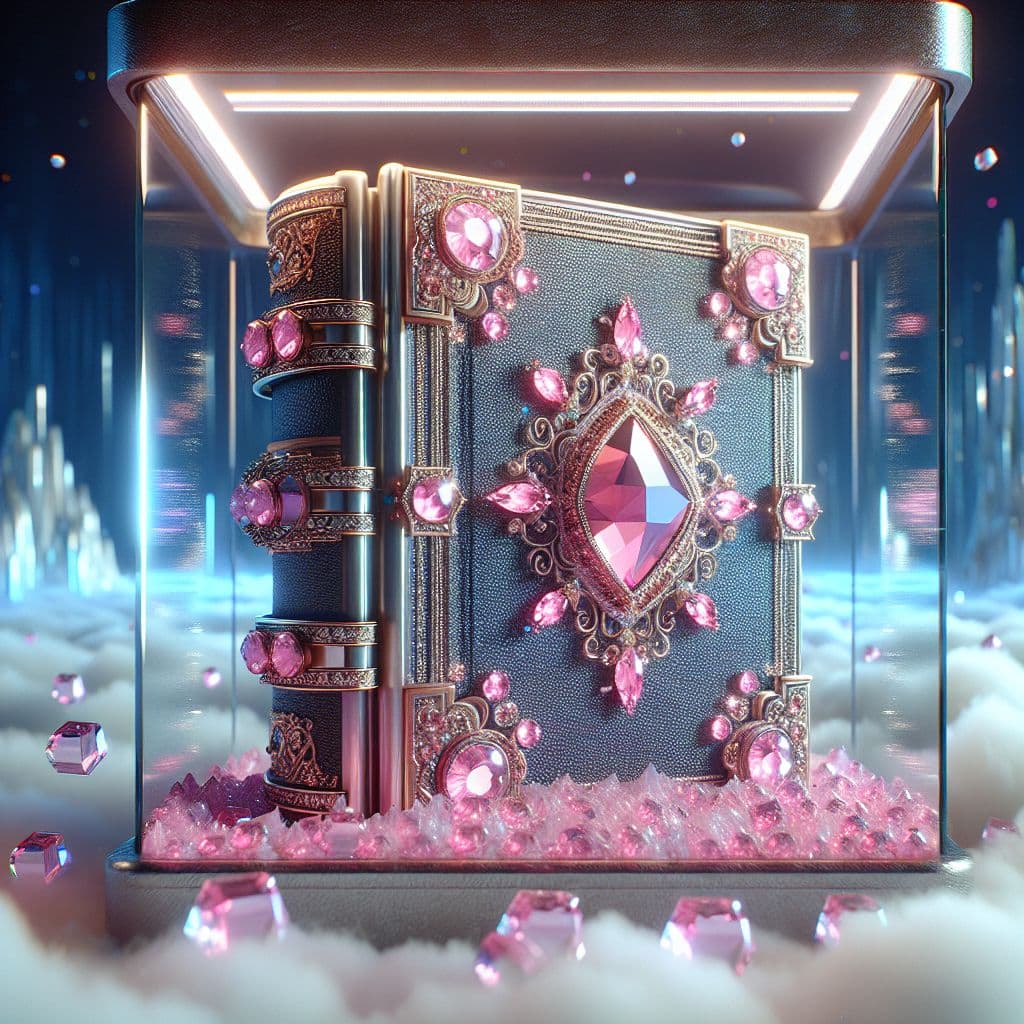 Digital art 4k scene from a movie: A beautiful pink rhinestone-encrusted book locked behind a glass case in a dream, waiting to be recommended to someone in order to reveal its secrets.