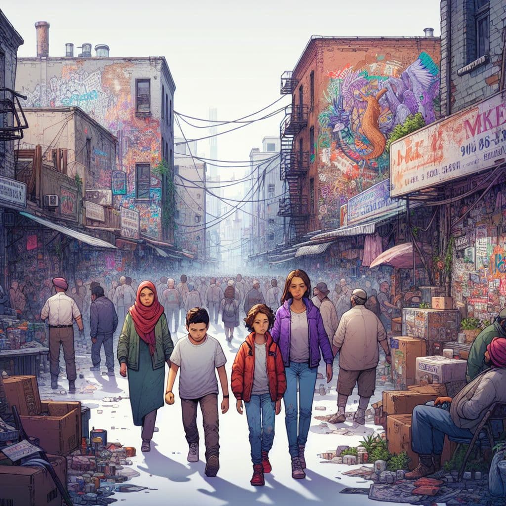 Digital art 4k scene from a movie: An urban cityscape with dilapidated buildings and graffiti-covered walls, as a young individual and their parents navigate the bustling streets filled with strange characters and questionable sights, pondering whether their trip to Siberia was a mistake.