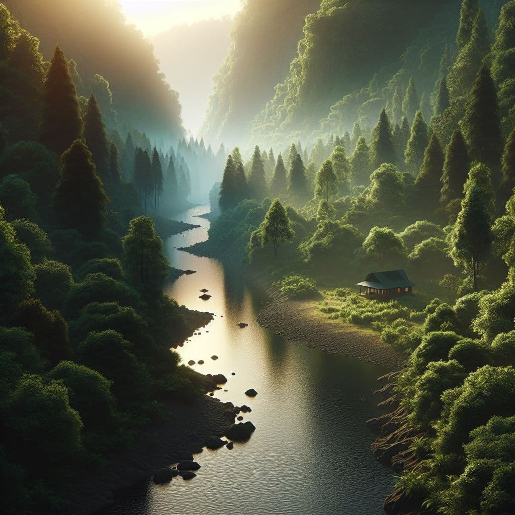 Digital art 4k scene from a movie: Create an image of a tranquil river flowing through a lush forest, with a lone cabin nestled among the trees in the background.