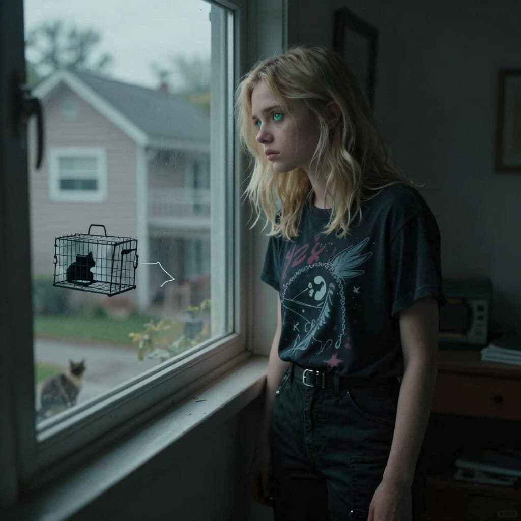 Surreal dream scene, cinematic and atmospheric, digital art: A blonde girl with bluish green eyes and shoulder-length wolf cut hair, wearing black cargo pants and a dark Y2K shirt, looks sadly out a window at her neighbor’s house where new traps are set to catch cats, with a resigned expression as she turns away to go inside.
