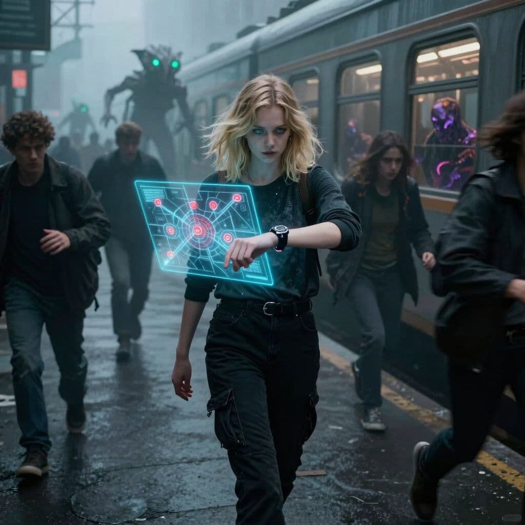 Surreal dream scene, cinematic and atmospheric, digital art: A slim 18-year-old girl with shoulder-length blonde wolf-cut hair, bluish eyes, wearing black cargo pants and a dark emo-style long sleeve shirt, walks through a crowded city street as her futuristic watch unfolds into a holographic map showing red target indicators, tense as shadowy figures chase her, and then she boards a foggy train where outside, eerie mutated humanoid animals with glowing green eyes appear, while the train flickers between old and new in a surreal, unsettling atmosphere.