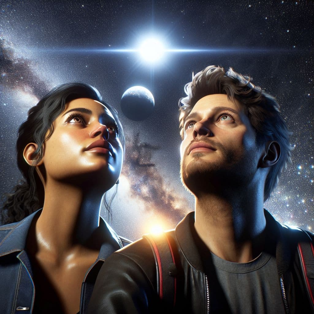 Digital art 4k scene from a movie: Samantha and Connor gazed upward in awe as two shimmering planets appeared in the dark sky above them, their beauty captivating them before the sun rose once more.