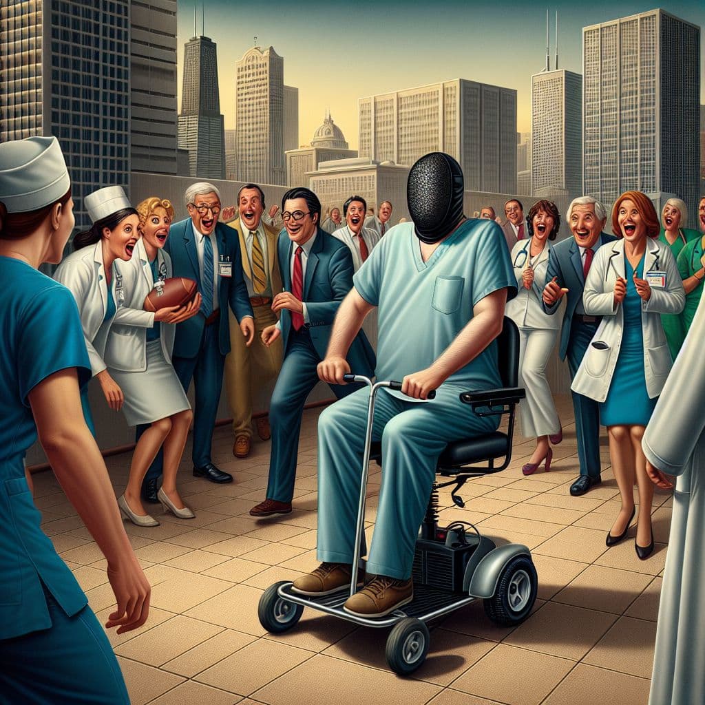 Digital art 4k scene from a movie: Dave Chappelle surprises a group of coworkers at a hospital in Chicago by rolling in on a motorized wheelchair wearing a black fencing mask, only to reveal himself and join them for a game of football in the yard.