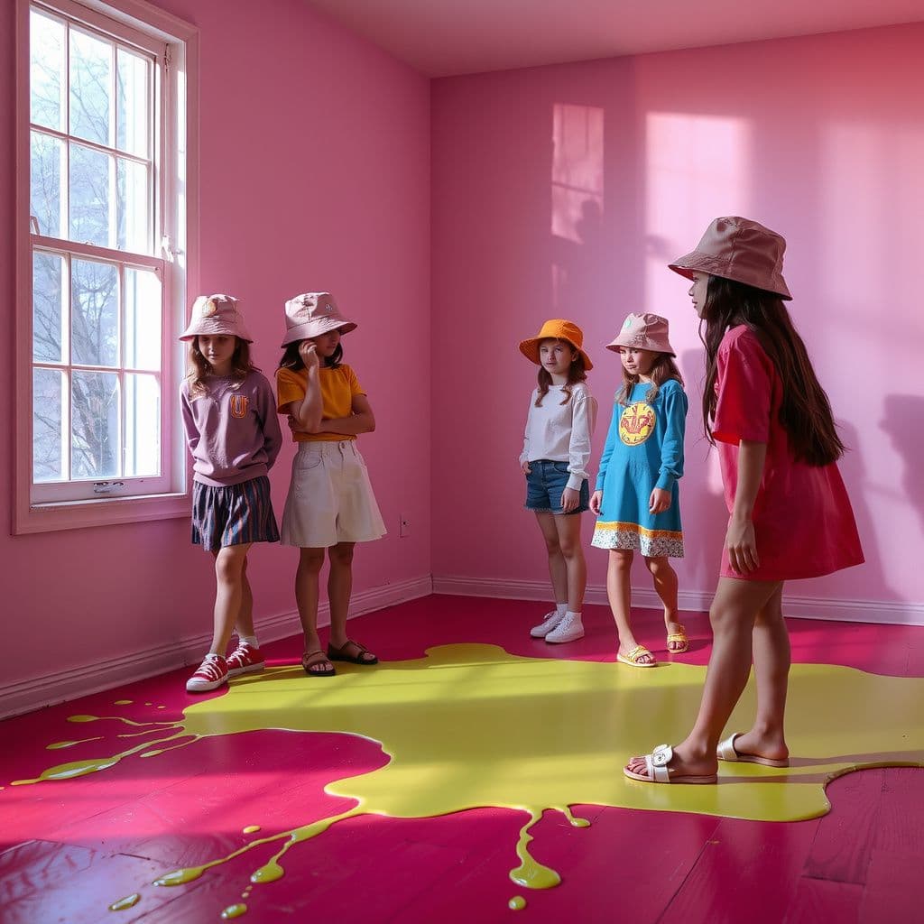 Surreal dream scene, cinematic and atmospheric, digital art: A surreal scene of five girls wearing bucket hats gathered in a colorful room with a bubbling, glowing green carpet spreading mysterious goo, as they look curious and playful under soft, dreamlike lighting.