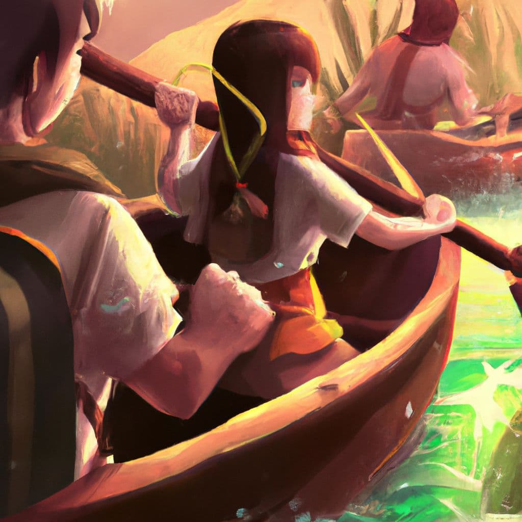 Digital art, As she plays an online game that determines who she is based on her choices, a woman rowing in a canoe with a friend must choose a path and a childhood avatar before being joined by a child and a mysterious man to help her on her journey.
