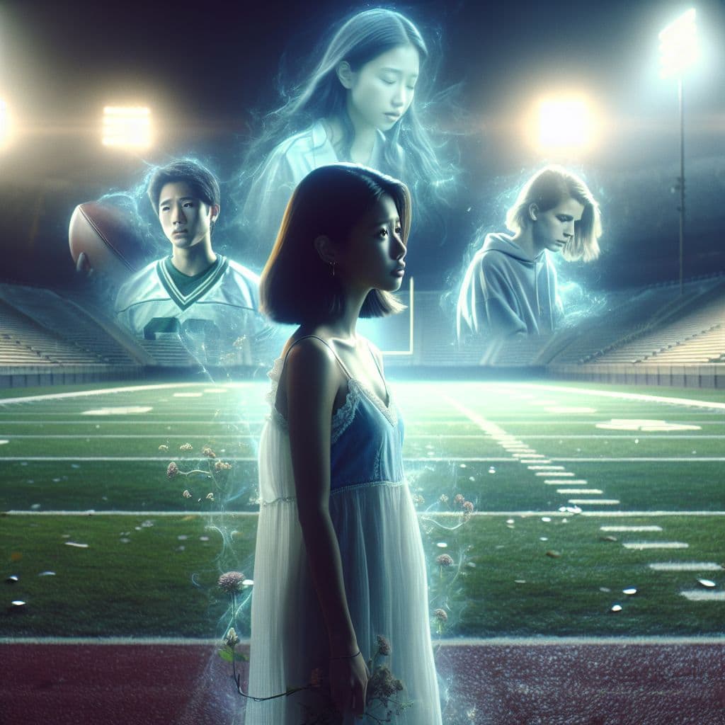 Digital art 4k scene from a movie: Generate an image of a young woman standing alone on a football field, looking into the distance wistfully, surrounded by the empty stadium seats and memories of her high school friends, ex-boyfriend, and brother.