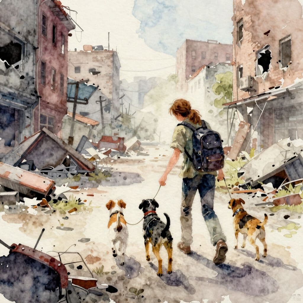 Watercolor painting of a dream scene, soft translucent washes, delicate brushstrokes, visible paper texture, muted palette: A tense video game scene where a person carefully guides their dogs through a dangerous, post-apocalyptic urban environment filled with abandoned buildings and scattered debris, emphasizing emotional connection and cautious movement to keep the dogs safe.