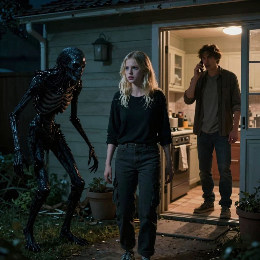 Surreal dream scene, cinematic and atmospheric, digital art: A skinny, bony black creature moves ominously near a dark backyard as an 18-year-old blonde girl with shoulder-length wolf cut hair and bluish eyes, wearing dark cargo pants and a black long-sleeve tomboy shirt, warns her mother who is stepping outside into the night, while her father, a tall man with dark brown hair and brown eyes in casual clothes, talks urgently on the phone inside a dimly lit kitchen.