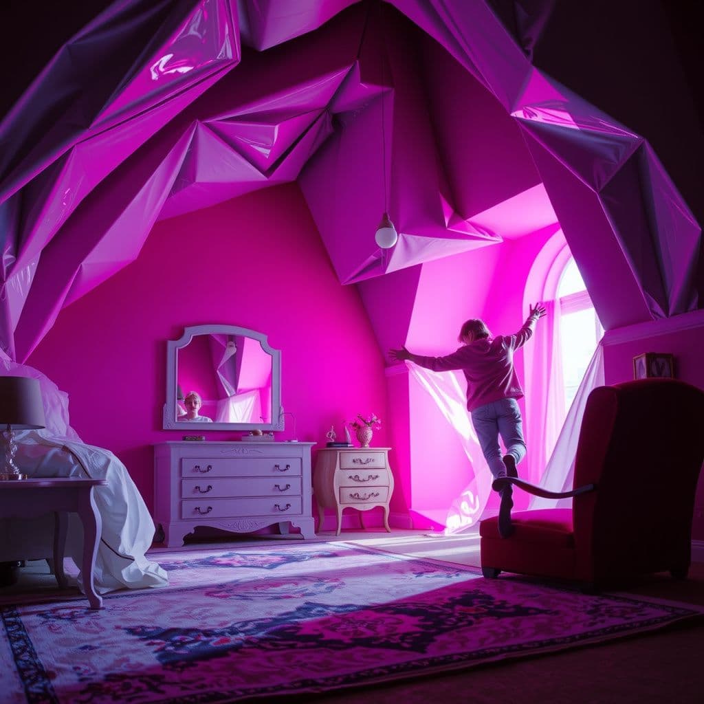 Surreal dream scene, cinematic and atmospheric, digital art: A surreal and dreamlike scene depicting a person rising out of their own body in a softly bending bedroom where shadows breathe and oversized furniture watches silently, as layers of translucent, fractal geometric patterns fold infinitely around them in vibrant, otherworldly colors.